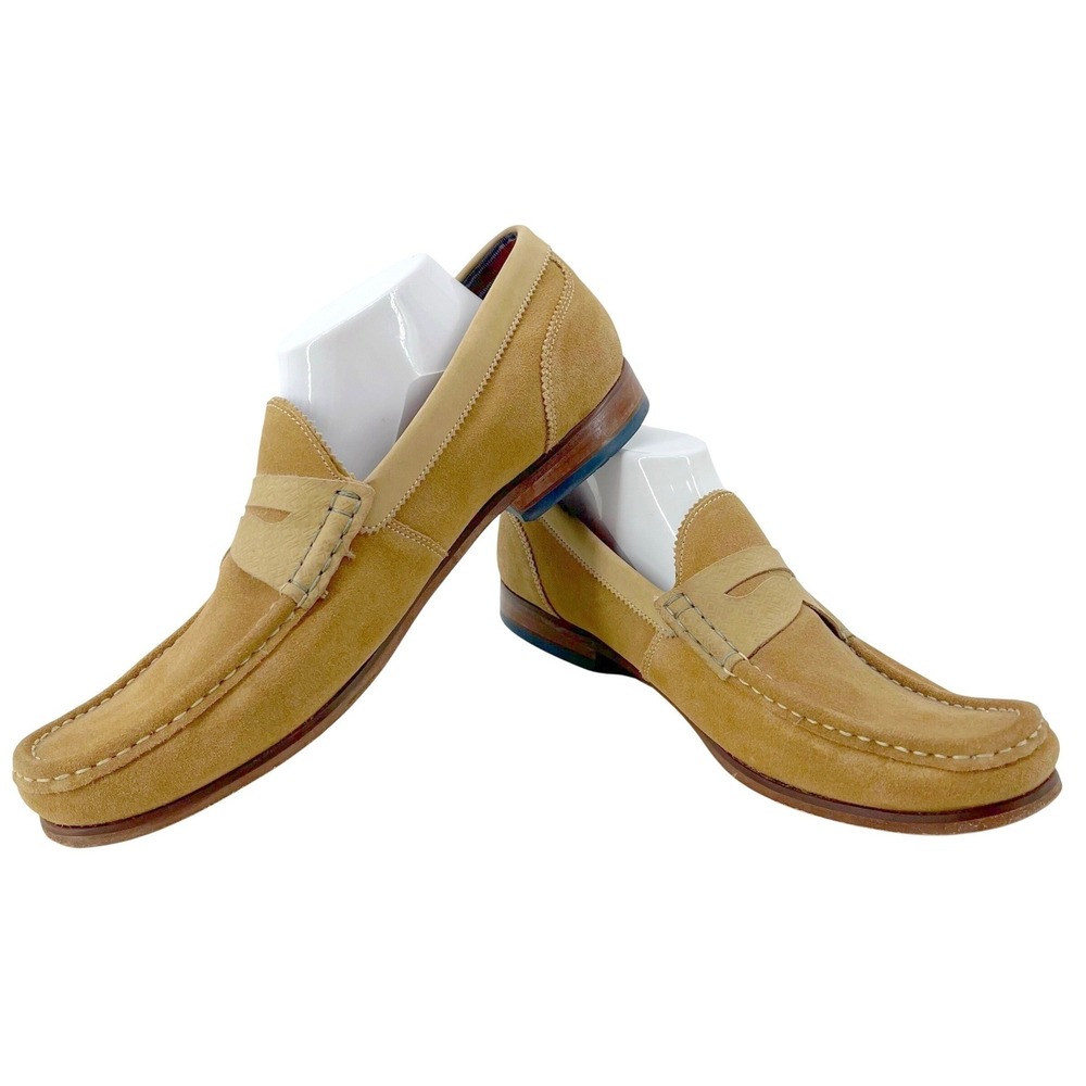 Ted Baker Abisah Penny Loafer Men 12 Tan Suede Leather Geometric Saddle Slip On